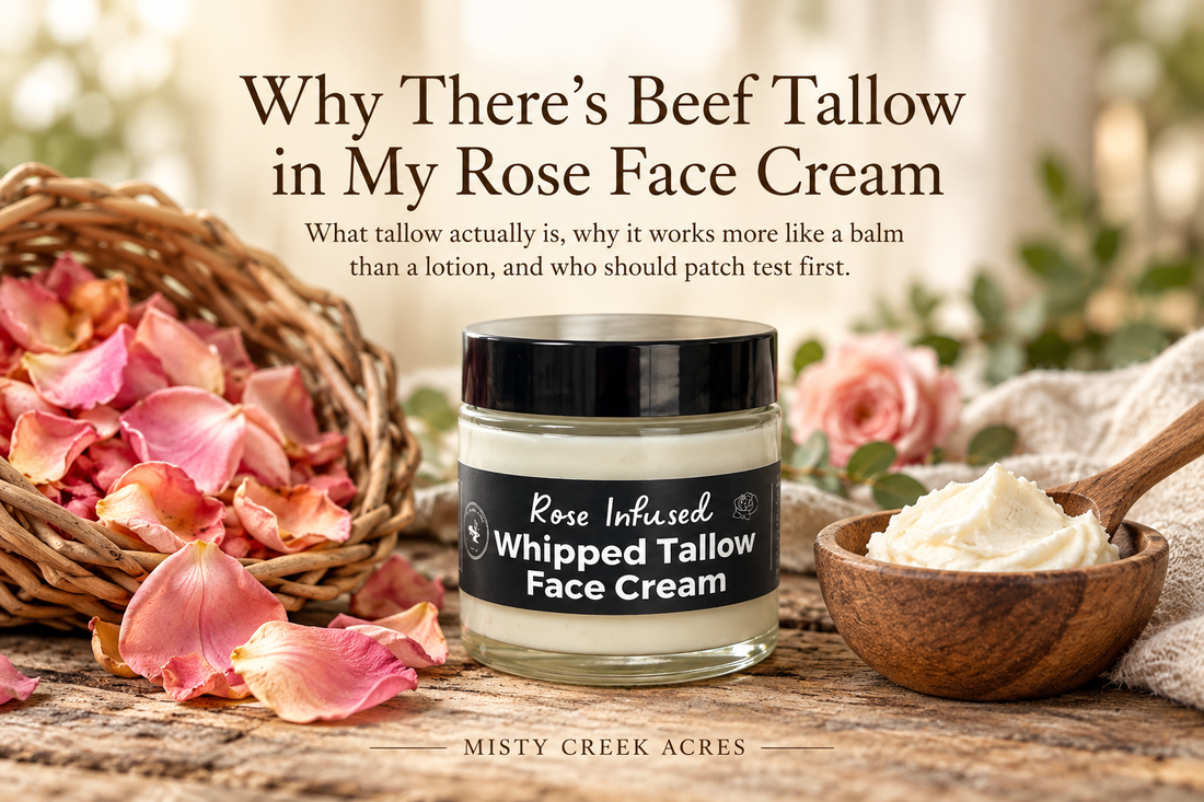 Jar of Misty Creek Acres rose infused whipped tallow face cream beside a basket of dried rose petals and a wooden bowl of whipped tallow