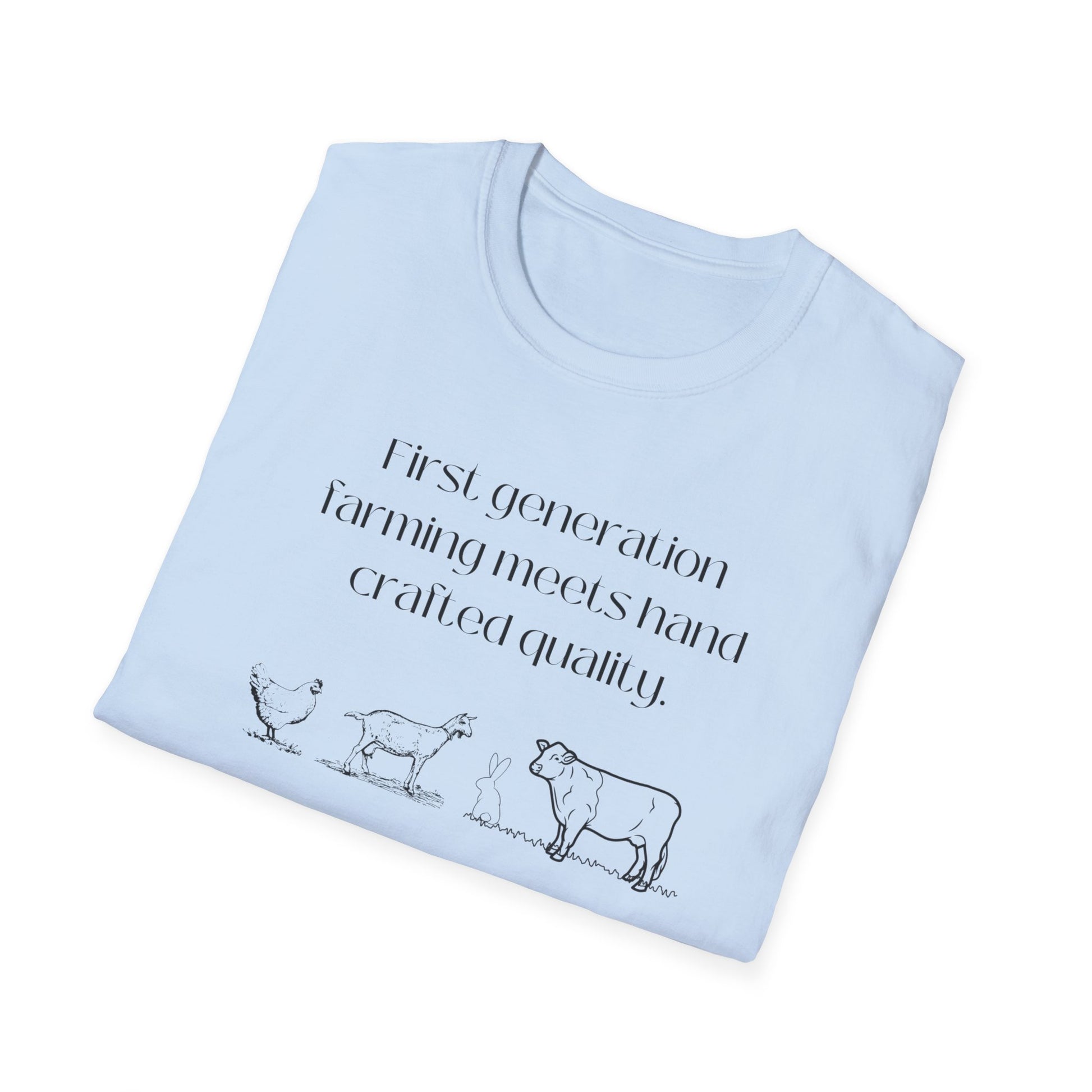 First Generation Farming shirt, first generation farming meets hand crafted quality, farming shirt, farming apparel, shirts for first generation farming, North Carolina farming, North Carolina farming shirt, T-Shirts for farmers, Homesteading t-shirt