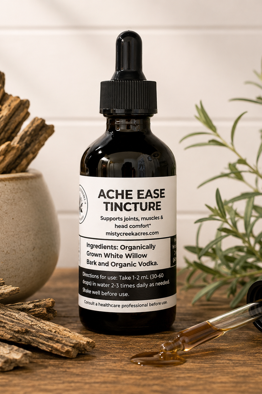 Ache Ease Tincture bottle with dropper on a wooden surface with herbs and a plant in the background.