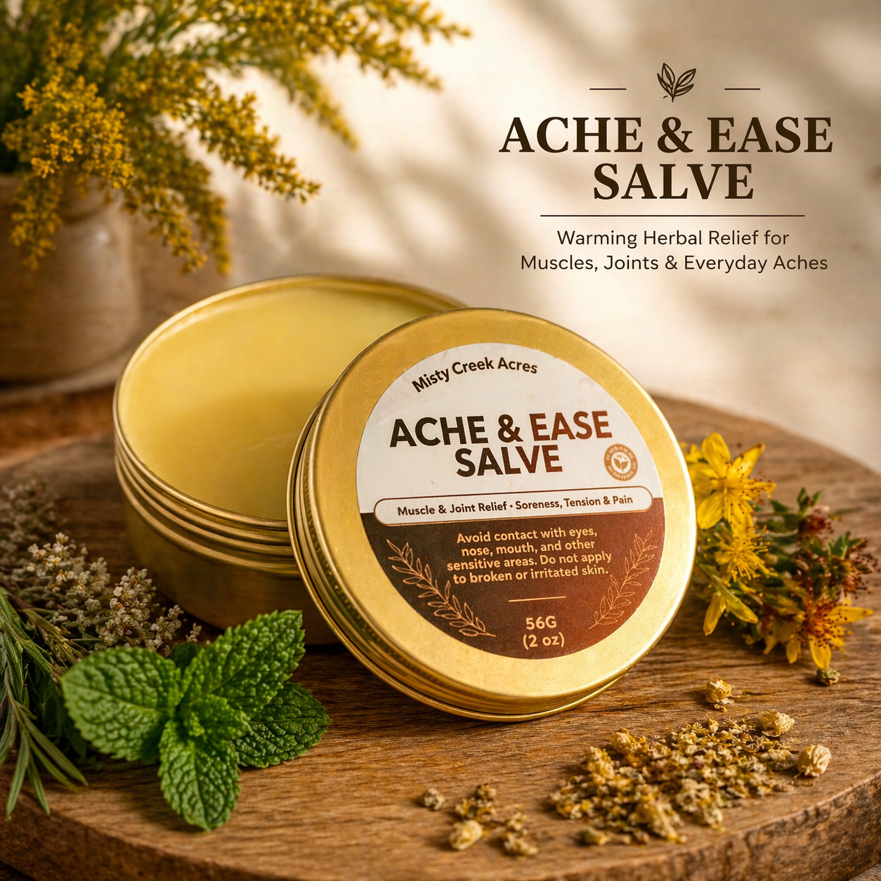 Misty Creek Acres Ache & Ease Salve container on a wooden surface with herbs and flowers.