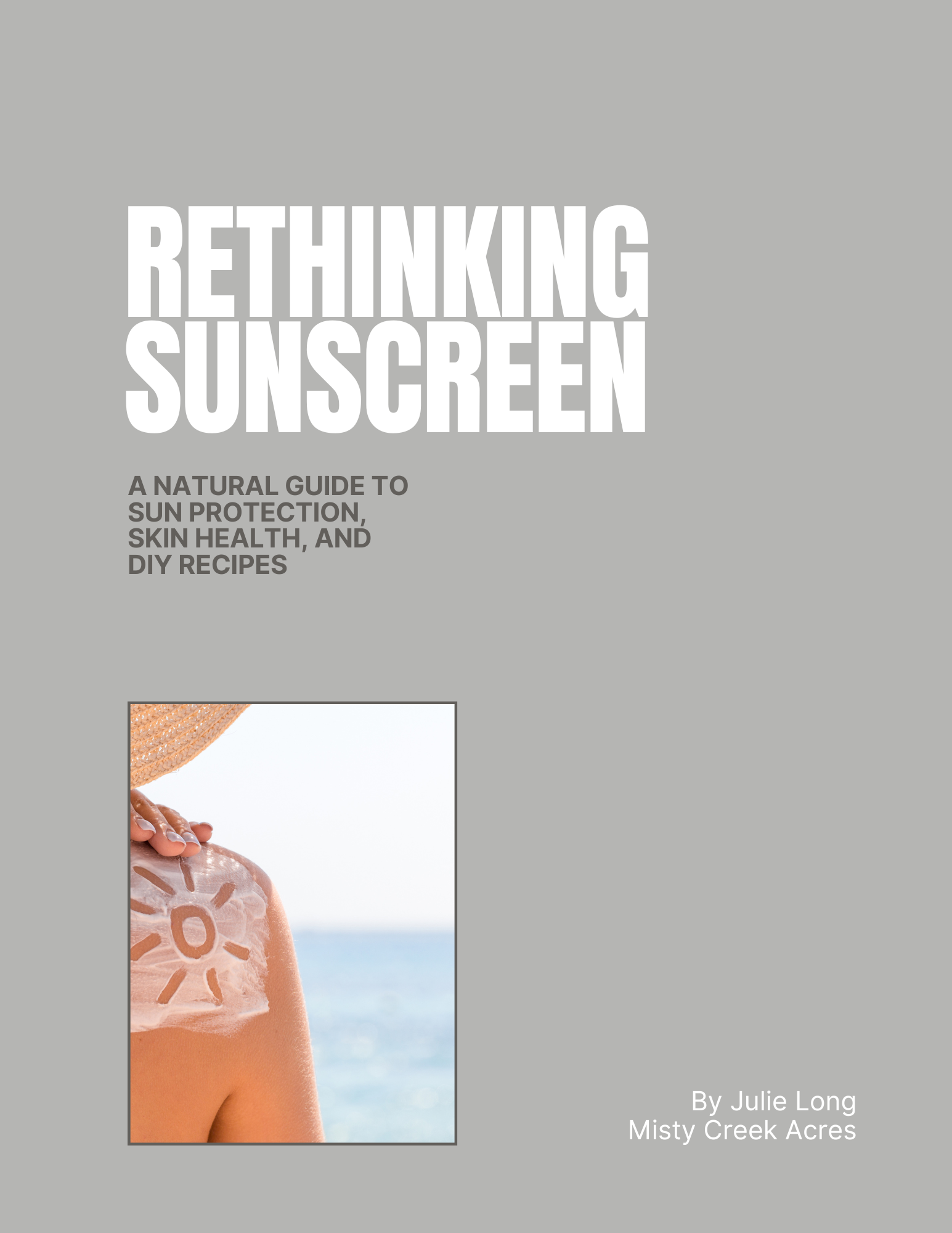 Book cover with text 'Rethinking Sunscreen' and a beach background.
