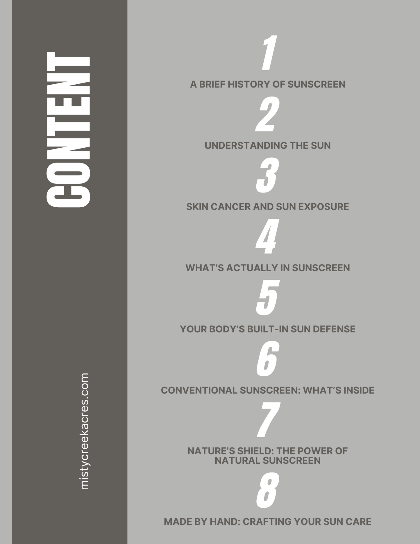 Table of contents for a book on sunscreen and sun safety.