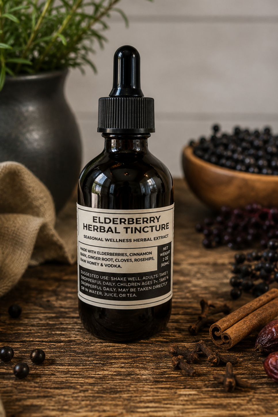 Bottle of elderberry herbal tincture on a wooden surface with herbs and spices.