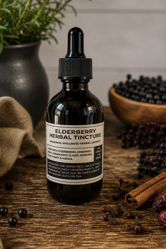 Bottle of elderberry herbal tincture on a wooden surface with herbs and spices.
