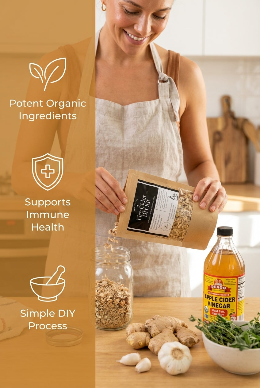 Woman in a kitchen holding a package of ingredients with health benefits text overlay.