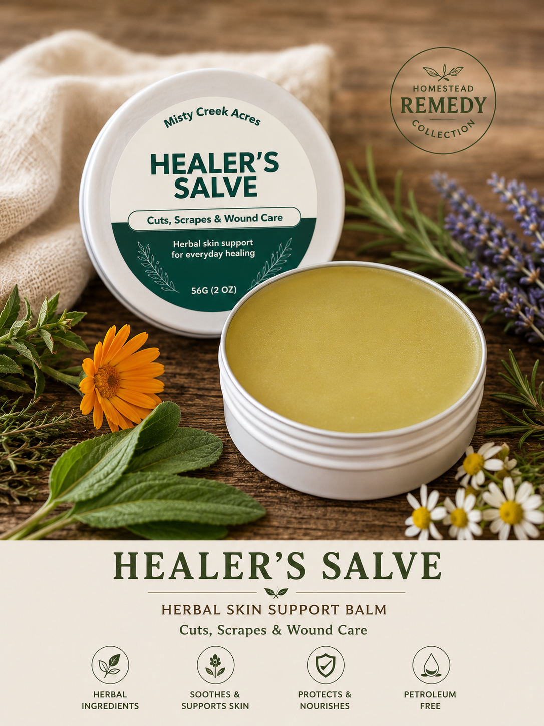 Healer’s Salve – Herbal Skin Support Balm comfort for cuts, scrapes & dry skin 2 ounce