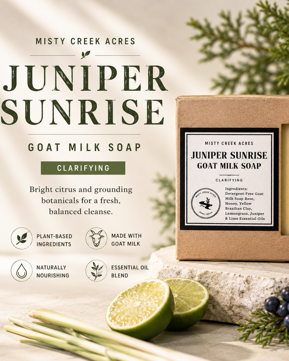 Goat milk soap with packaging labeled 'Juniper Sunrise' from Misty Creek Acres, surrounded by natural elements.