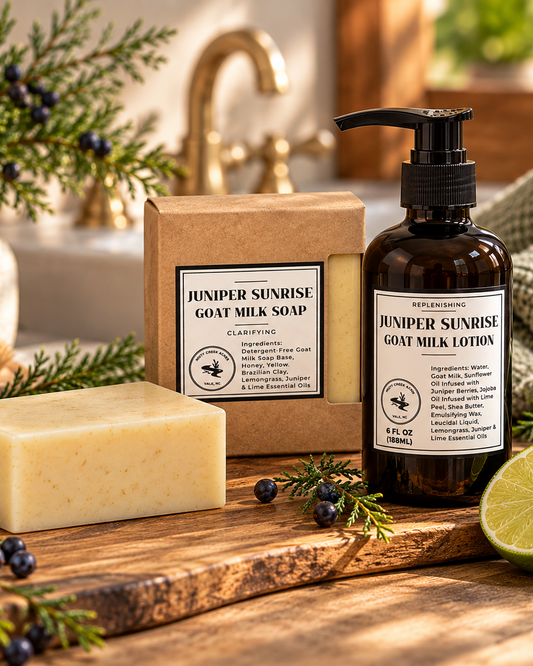 A styled product shot of Juniper Sunrise Goat Milk Soap and Goat Milk Lotion on a wooden surface with a sink, faucet, greenery, and limes in the background. The soap is a pale yellow bar, the lotion is in an amber bottle with a black pump, and the box is kraft brown with white labels.