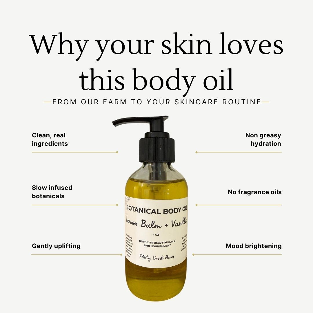 Botanical body oil bottle with text highlighting benefits on a white background