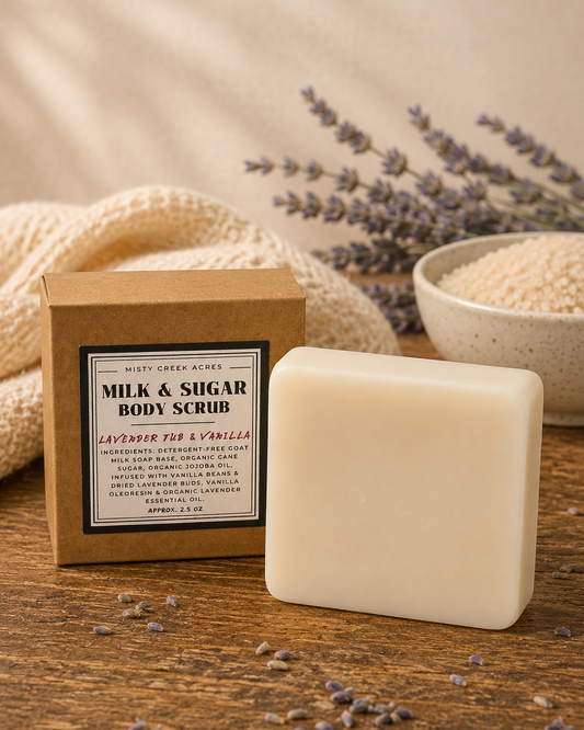 A bar of milk and sugar body scrub by Misty Mountain Crafts sits in front of its kraft paper packaging box on a rustic wooden table, styled with lavender sprigs, a bowl of bath salts, and a soft beige blanket.