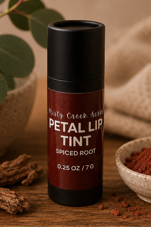 Petal lip tint with ingredients and product details on a wooden surface.
