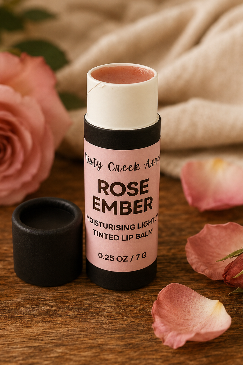 Rose Ember lip balm with pink packaging on a wooden surface with flowers and petals.