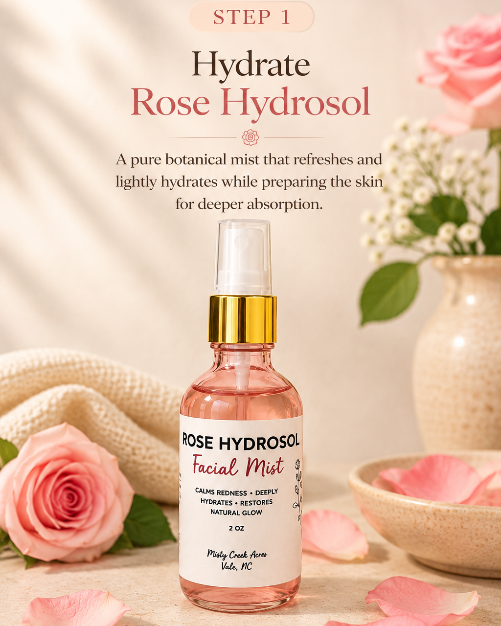 A bottle of Rose Hydrosol Facial Mist is centered on a styled beige surface with pink roses, petals, and a ceramic dish in the background. Text at the top reads 'STEP 1 Hydrate Rose Hydrosol' with a description of the botanical mist.