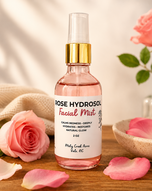 A 2 oz bottle of Rose Hydrosol Facial Mist with pink liquid, a white label, and a gold collar, displayed on a wooden surface with pink roses and petals in a styled setting.