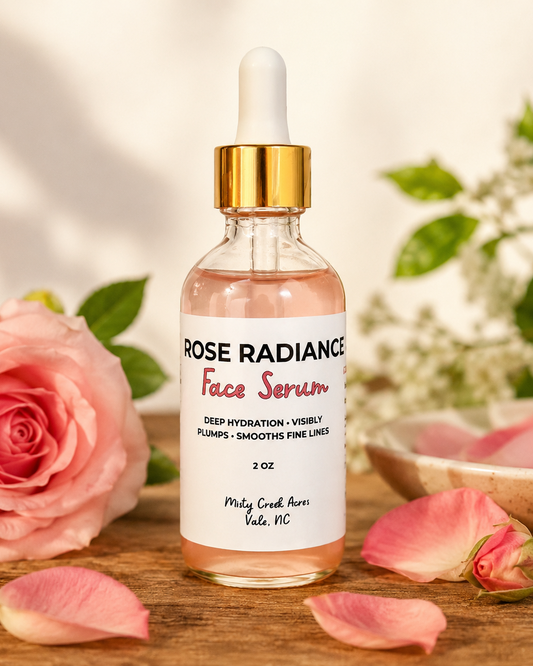 A clear glass dropper bottle of Rose Radiance Face Serum with a white label and gold collar, styled on a wooden surface with pink rose petals, a pink rose, and soft green leaves in the background.