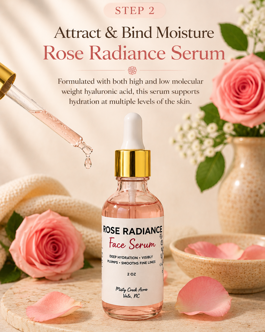 Rose Radiance Face Serum bottle with a gold dropper cap, shown in a styled skincare scene with pink roses, petals, and a serum dropper above it. Text at the top reads 'STEP 2 Attract & Bind Moisture Rose Radiance Serum' with additional product benefits below.