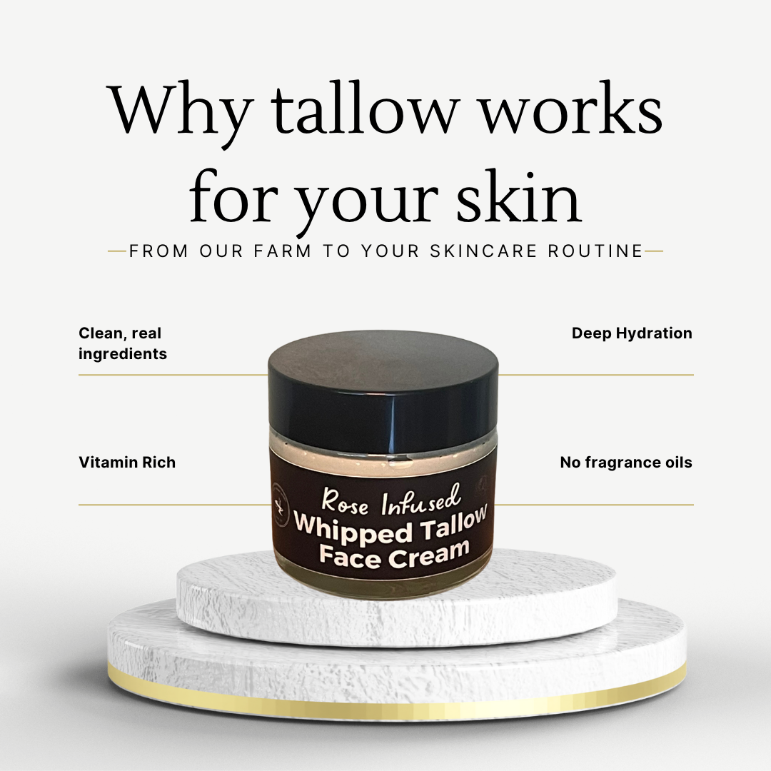 Rose Infused Whipped Tallow Face Cream jar on a white platform with text about skincare benefits.