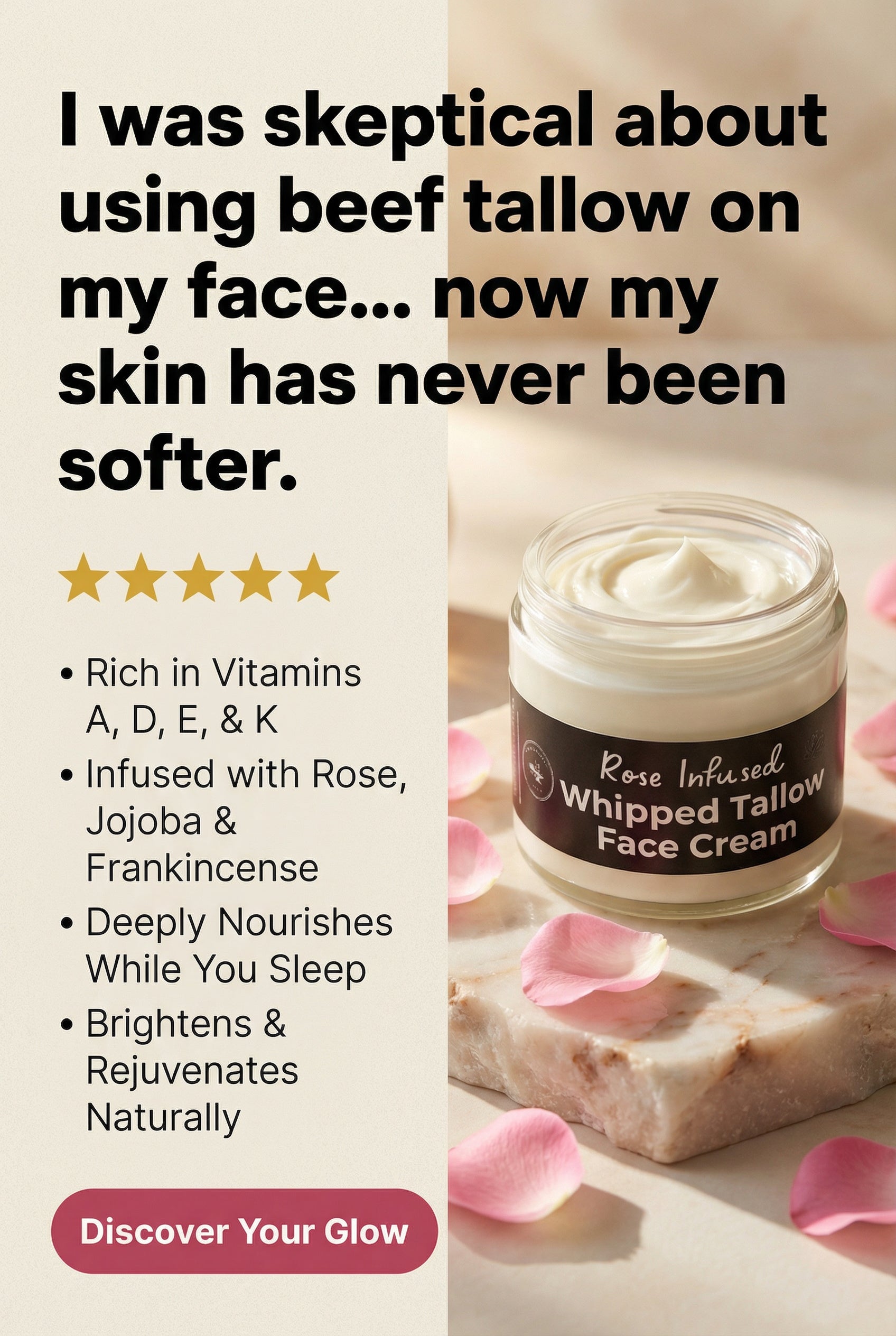 Rose-infused whipped tallow face cream jar with text about skin benefits and product features.
