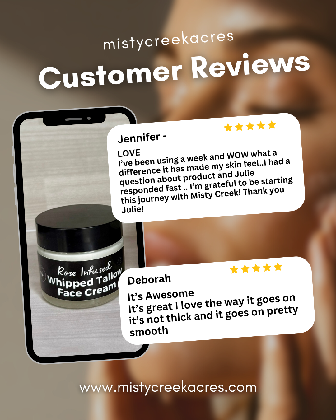 Mistycreekacres customer reviews with a jar of cream and smartphone displaying text.