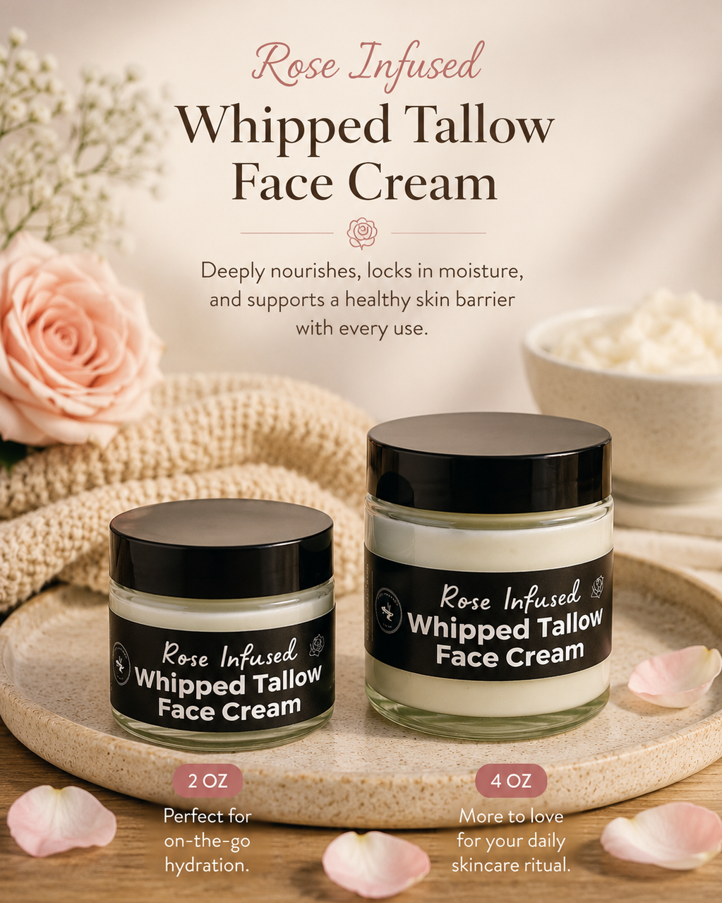 Two jars of Rose Infused Whipped Tallow Face Cream displayed on a wooden tray with rose petals and a soft spa-style background. The image includes descriptive text and feature icons at the bottom.