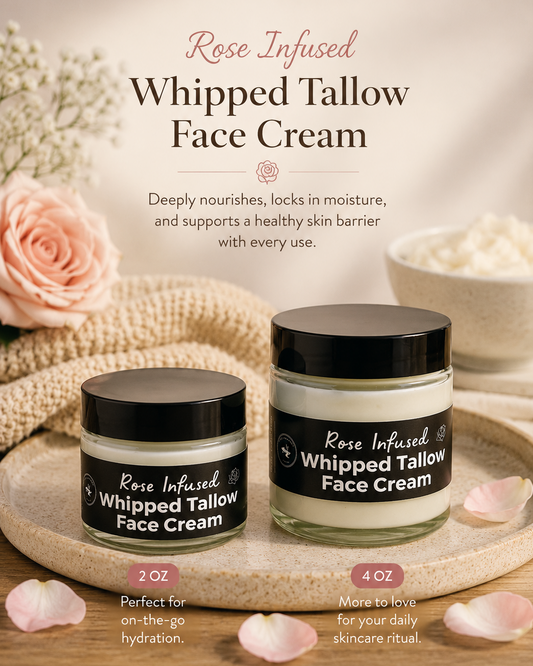 Two jars of Rose Infused Whipped Tallow Face Cream displayed on a wooden tray with rose petals and a soft spa-style background. The image includes descriptive text and feature icons at the bottom.