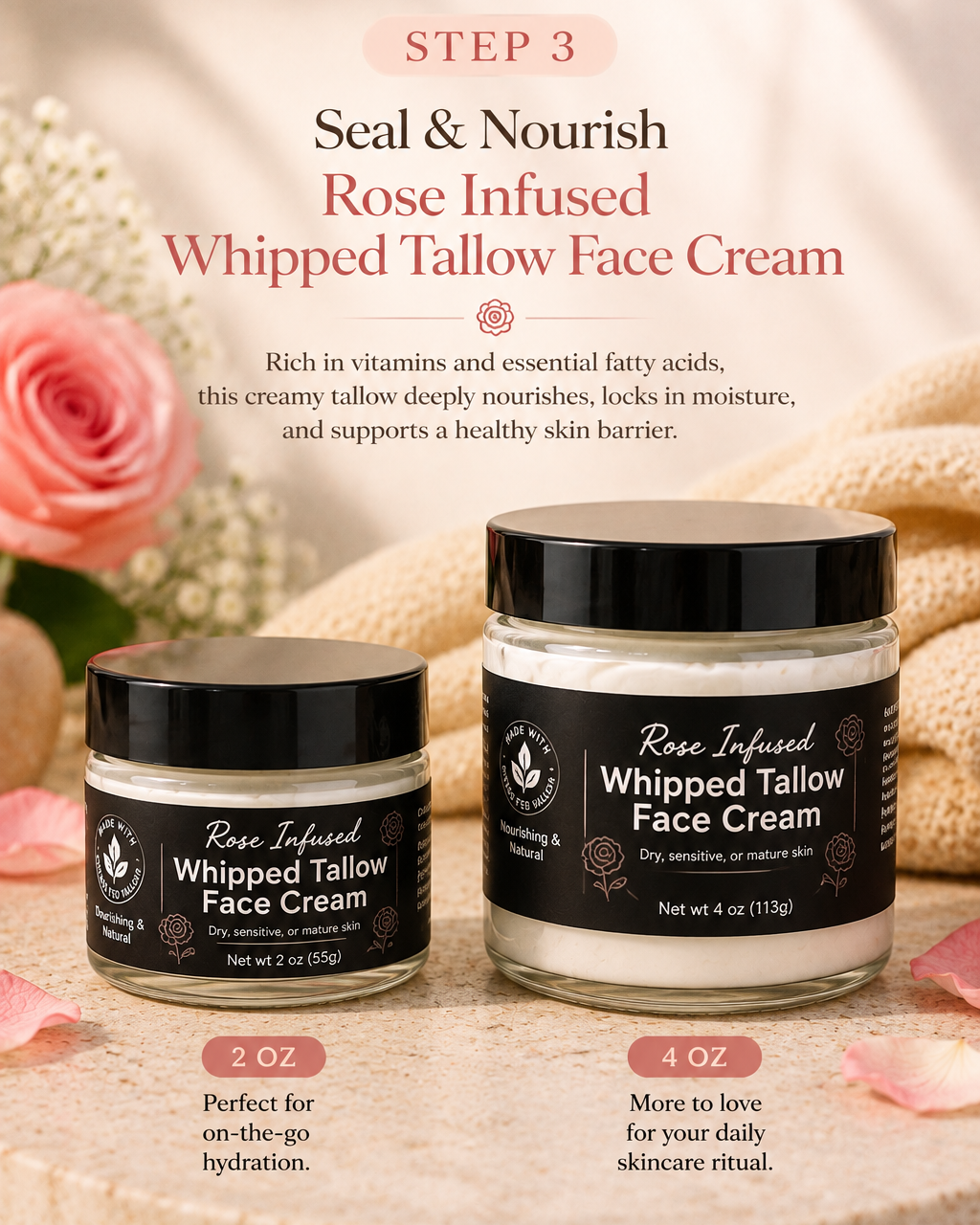 Two jars of Rose Infused Whipped Tallow Face Cream shown on a styled beige background with pink roses and text overlays describing the product and sizes (2 oz and 4 oz).