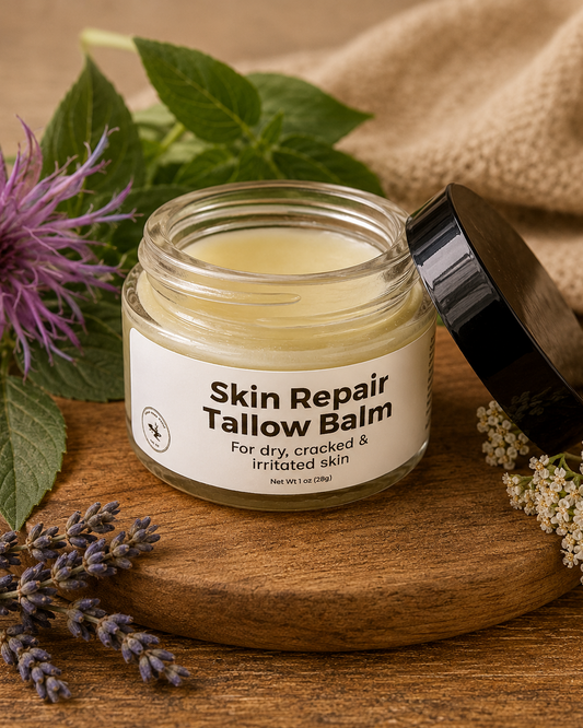 Jar of skin repair balm with flowers and a cloth on a wooden surface