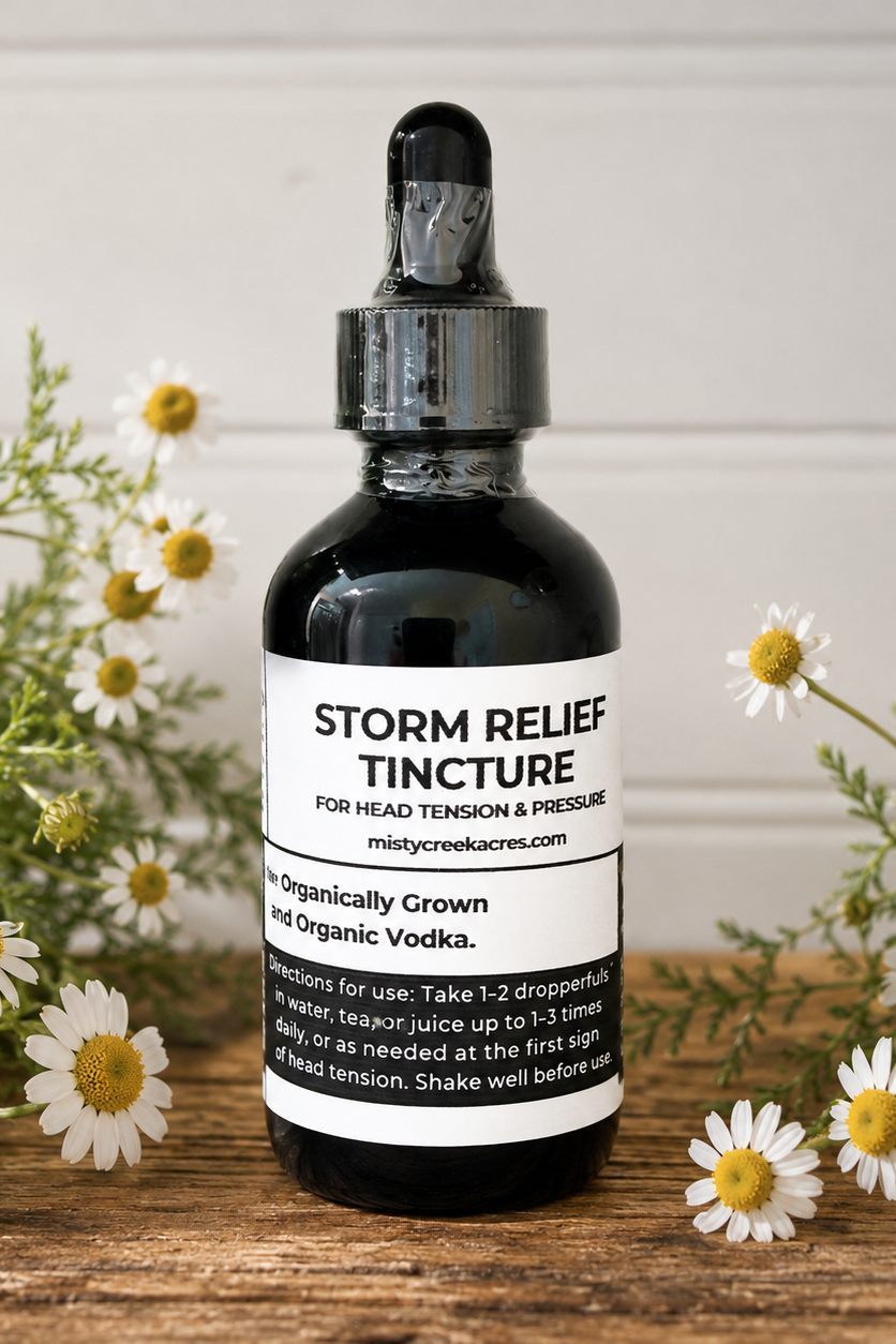 Bottle of Storm Relief Tincture with flowers on a wooden surface