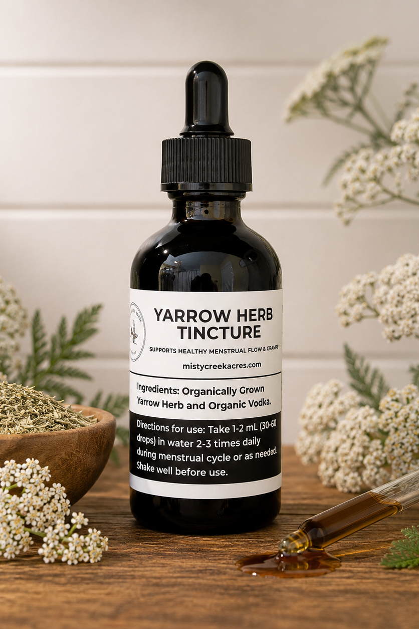 Yarrow herb tincture bottle with dropper on a wooden surface with yarrow flowers.