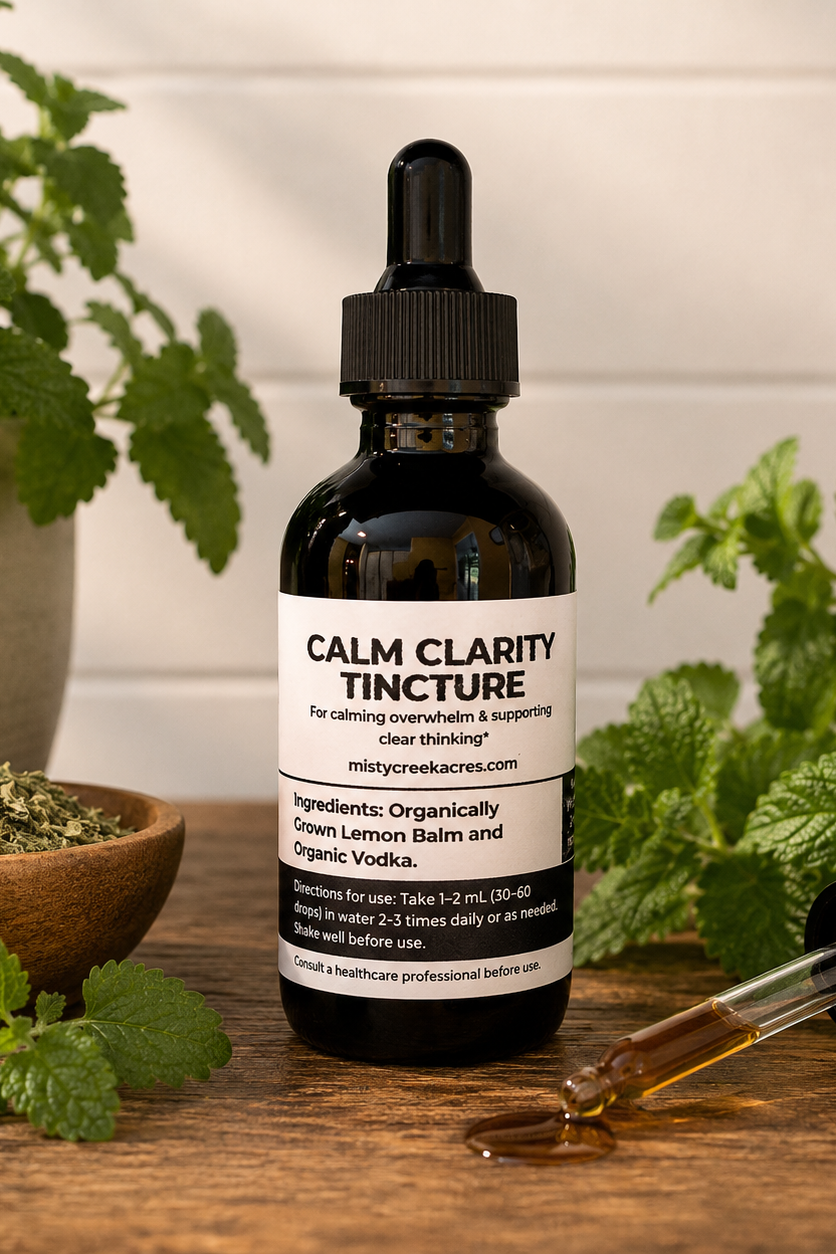 Calm Clarity Tincture bottle with dropper on a wooden surface with plants in the background