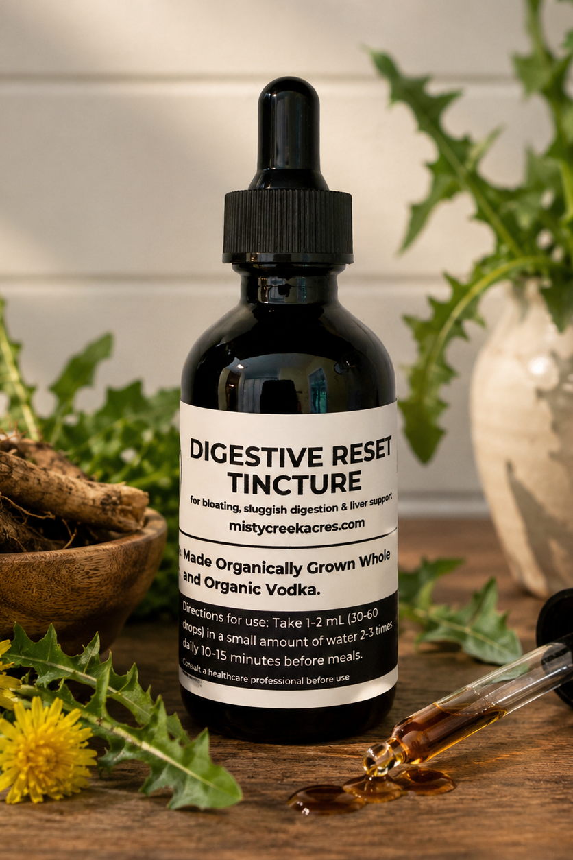 Bottle of Digestive Reset Tincture with dropper on a wooden surface with plants in the background