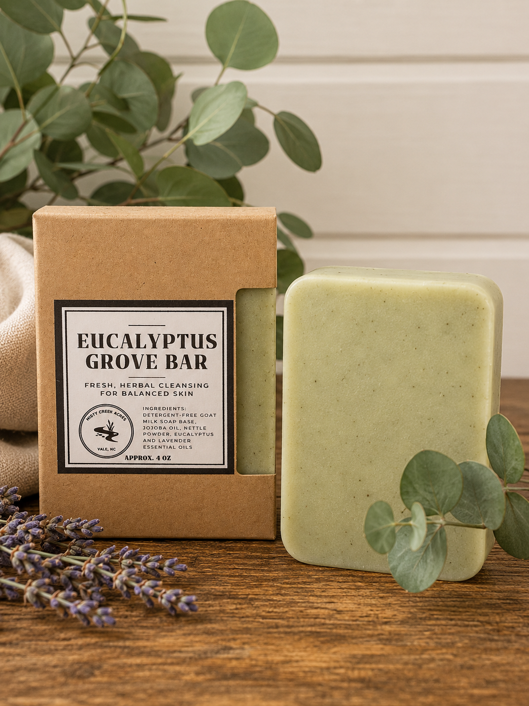 Eucalyptus Grove bar soap with packaging on a wooden surface with eucalyptus leaves.