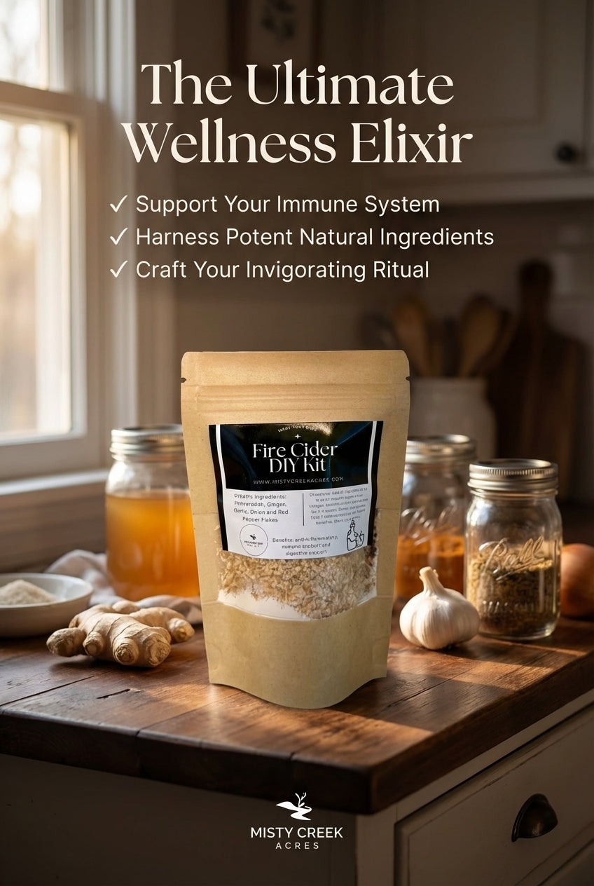 Fire Cider DIY kit on a wooden surface with ingredients and text about wellness and immunity support.