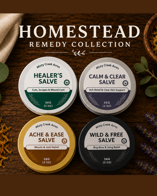 Homestead Remedy Collection with salve containers on a wooden background