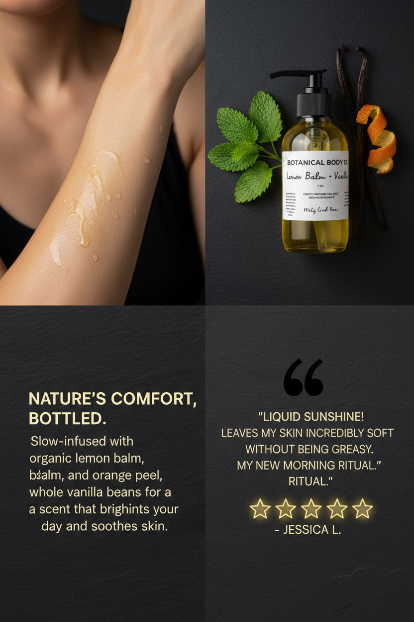 Lemon Balm & Vanilla Botanical Body Oil – Brightening, Comforting Daily Body Oil