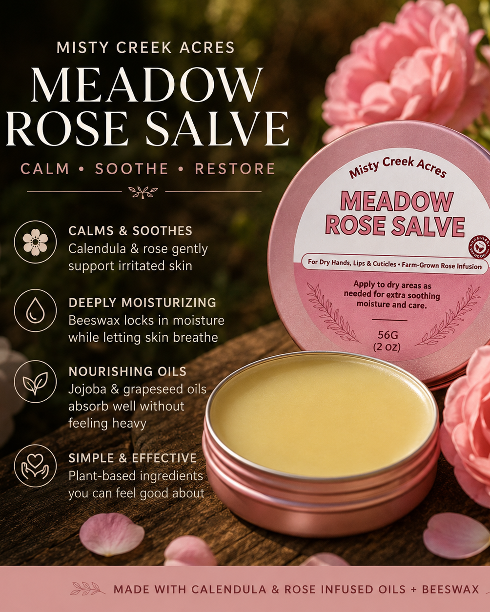 Meadow Rose Salve container with pink lid on a wooden surface