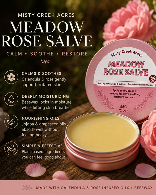 Meadow Rose Salve container with pink lid on a wooden surface