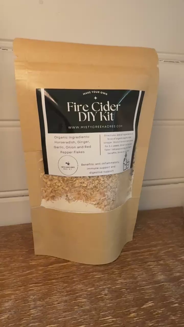 Fire Cider DIY Kit packaging on a wooden surface with a white background