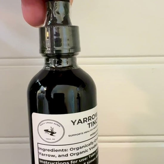 Bottle of yarrow herbal tincture on a wooden surface with a white background