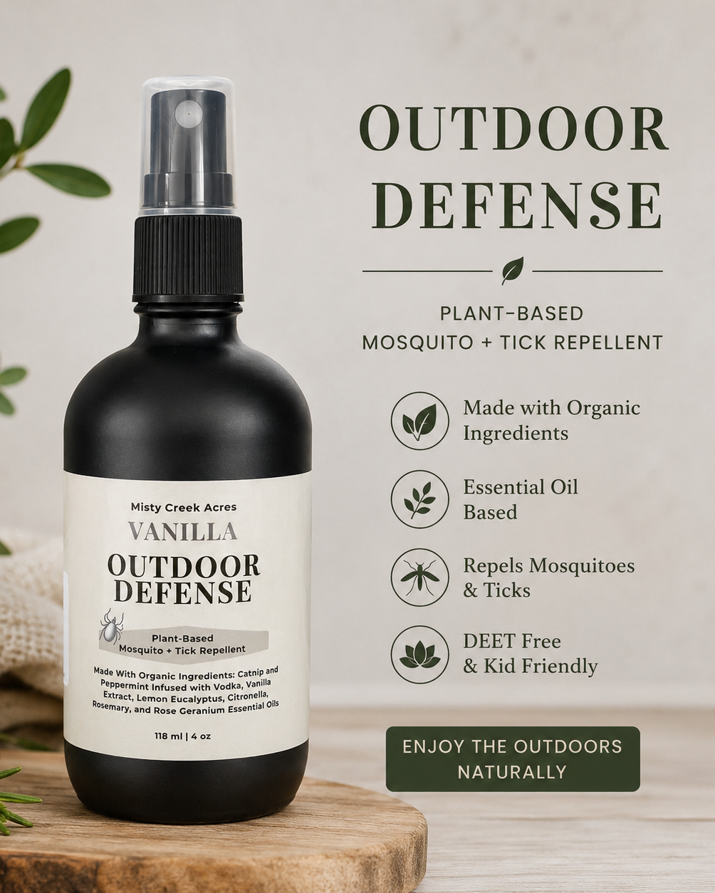 Vanilla Outdoor Defense plant-based mosquito and tick repellent bottle on a wooden surface with greenery.