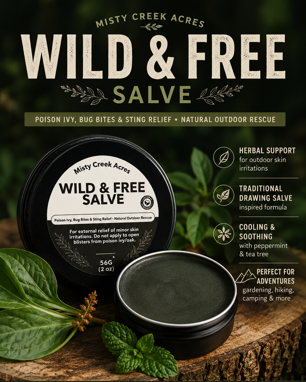 Black jar of 'Wild & Free Salve' by Misty Creek Acres on a wooden surface with a white wall background.